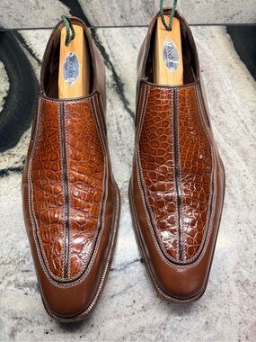 A. Testoni Real Crocodile & Calfskin Loafers Made in Italy Black Label UK 8 US 9